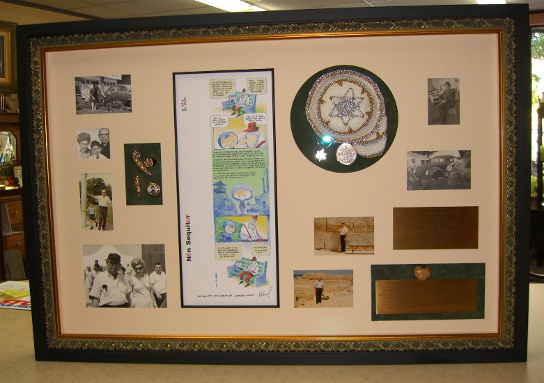 Family history memory box with photographs, jewelry, prayer cap, plaques...