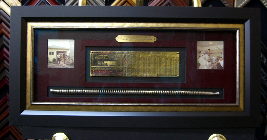 Machine shop memory box with photographs, plaque, vintage lathe plate and lathe chip...